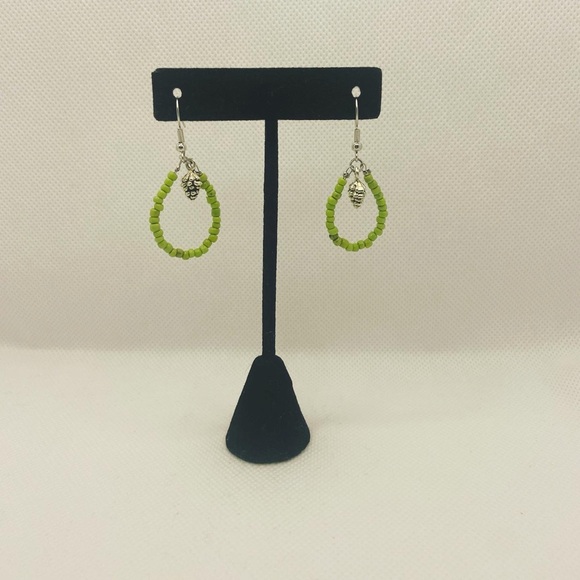 Handmade Jewelry - Handmade Lime Green Beaded Teardrop Earrings with Silver Leaf Charm